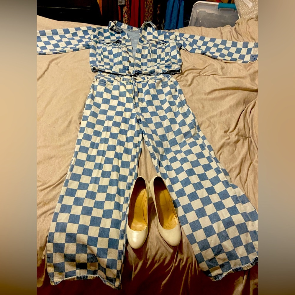 PTCL sustainable denim, trendy  patchwork checkered 2 piece matching set!